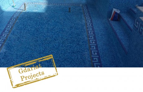 Size around 12 x4 meters Mix blue mosaic. Border on swimming pool walls of 30 CM. computer designed carpet at the floor of the swimming pool jacuzzi