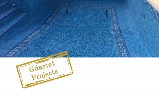 Size around 12 x4 meters Mix blue mosaic. Border on swimming pool walls of 30 CM. computer designed carpet at the floor of the swimming pool jacuzzi