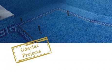 Size around 12 x4 meters Mix blue mosaic. Border on swimming pool walls of 30 CM. computer designed carpet at the floor of the swimming pool jacuzzi